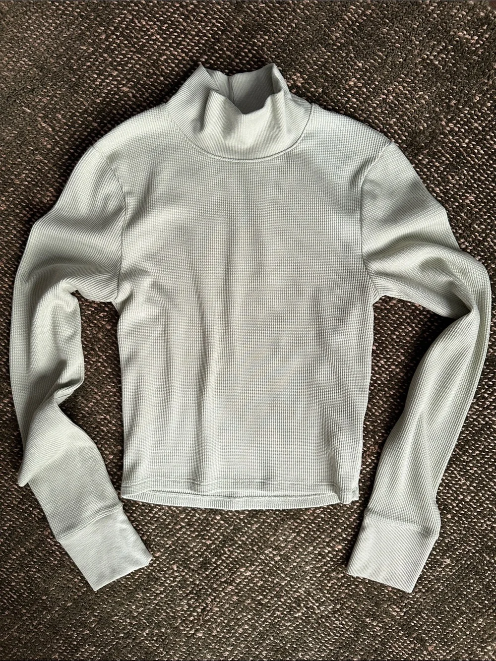 American Eagle Long-Sleeve Ribbed Mock Neck Top in Light Sage